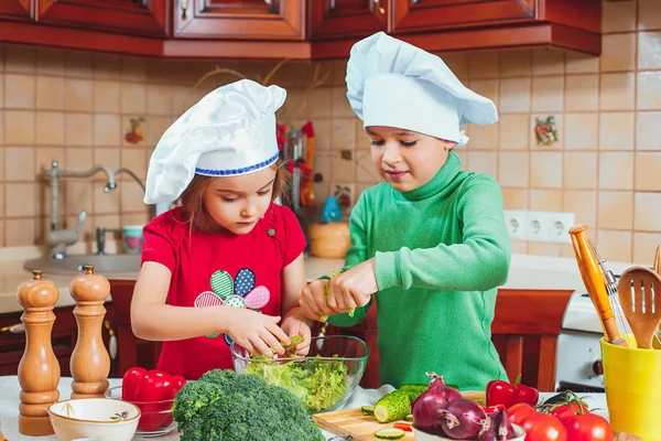 Happy family funny kids are preparing the a fresh vegetable salad in the kitchen — Stock Photo, Image