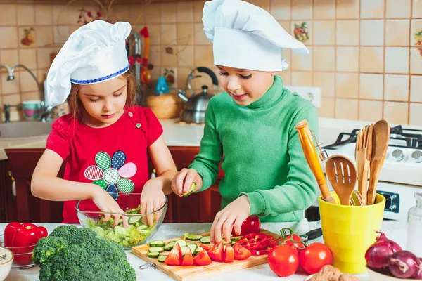 Happy family funny kids are preparing the a fresh vegetable salad in the kitchen — Stock Photo, Image