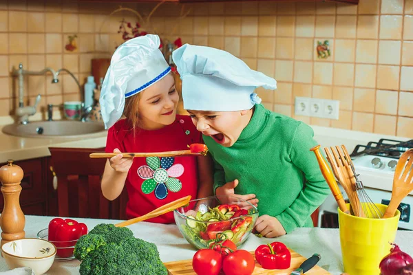 Happy family funny kids are preparing the a fresh vegetable salad in the kitchen — Stock Photo, Image