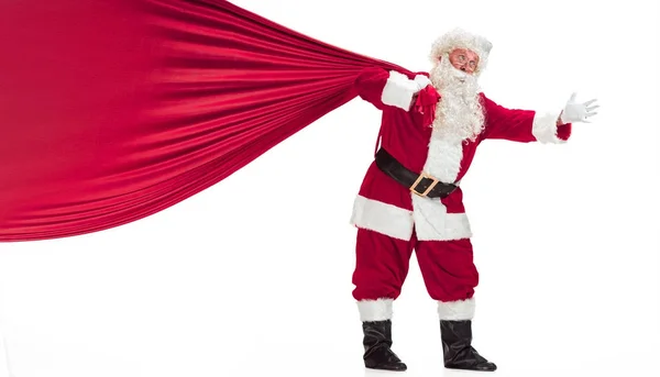 Porträt Eines Mannes Weihnachtsmannkostüm Mit Luxuriösem Weißen Bart Weihnachtsmannmütze Und — Stockfoto