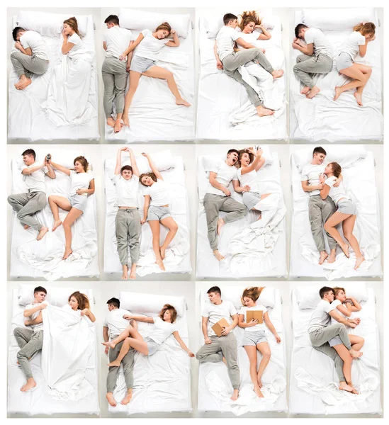 年轻可爱的情侣躺在床上 — 图库照片