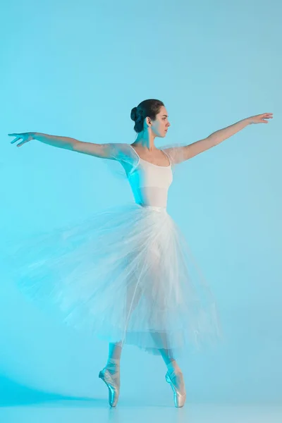Fiatal és hihetetlenül gyönyörű balerina táncos, egy kék stúdióban — Stock Fotó