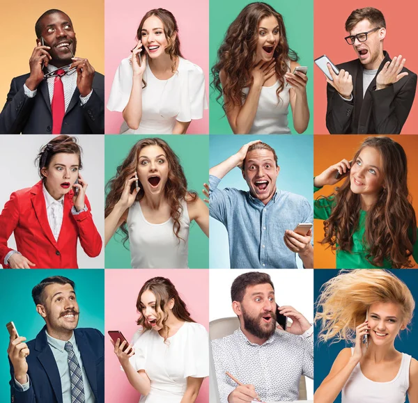 Le collage des jeunes hommes et des jeunes femmes avec des téléphones portables — Photo