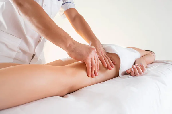 Detail Hands Massaging Human Calf Muscle Therapist Applying Pressure Female — Stock Photo, Image