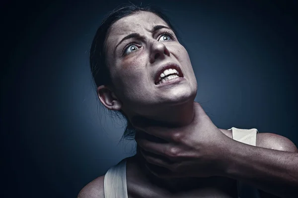 Home violence - young woman is choked by mans hand — Stock Photo, Image