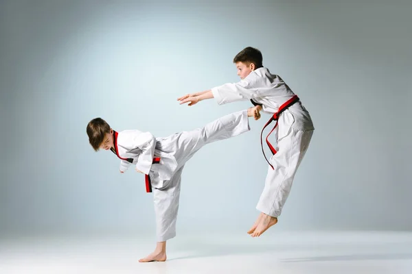 Studio shot van twee van kinderen karate martial arts opleiding — Stockfoto