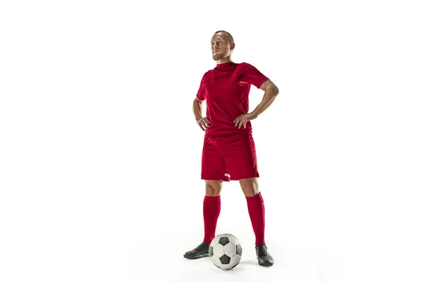 Football voetbal speler met bal geïsoleerd witte achtergrond — Stockfoto