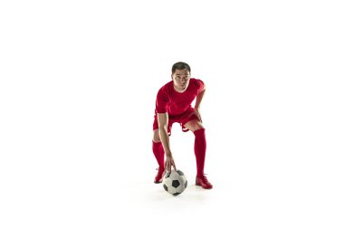 Profesyonel futbol futbol oyuncusu izole top beyaz arka plan ile
