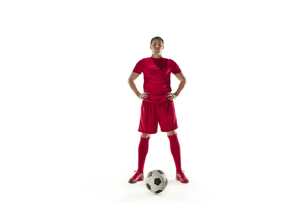 Professional football soccer player with ball isolated white background — Stock Photo, Image