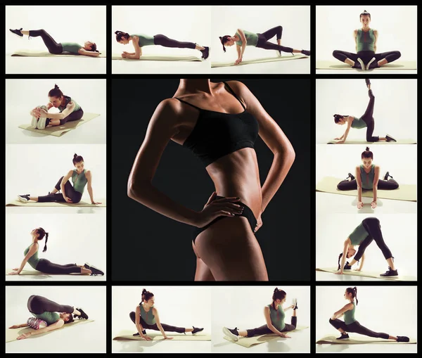 El collage de imágenes de una hermosa mujer delgada haciendo gimnasia en el gimnasio —  Fotos de Stock