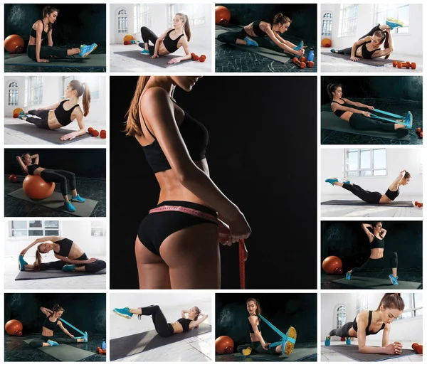 Коллаж из фотографий красивой стройненькой женщины, занимающейся гимнастикой в спортзале — стоковое фото
