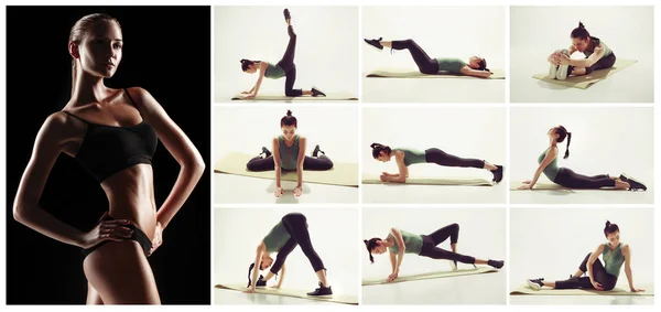 El collage de imágenes de una hermosa mujer delgada haciendo gimnasia en el gimnasio —  Fotos de Stock