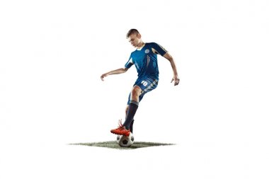 Beyaz arka plan üzerinde izole bir beyaz futbol oyuncu adam