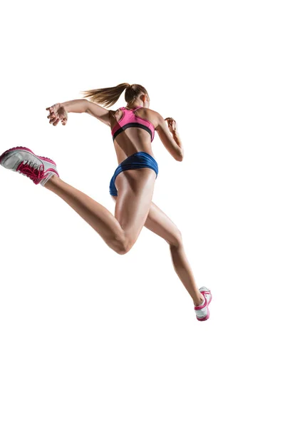 O estúdio de tiro de salto em altura atleta feminino está em ação — Fotografia de Stock