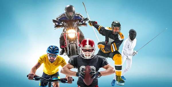 De conceptuele Omnisport collage met Amerikaans voetbal, hockey, fietstochten, schermen, motorsport — Stockfoto