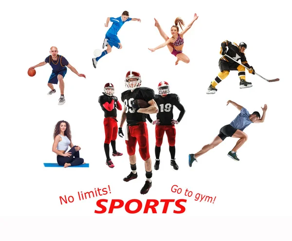 A fogalmi multi sport kollázs, Amerikai futball, foci, futás, torna, kosárlabda, jóga, pilates-sport — Stock Fotó