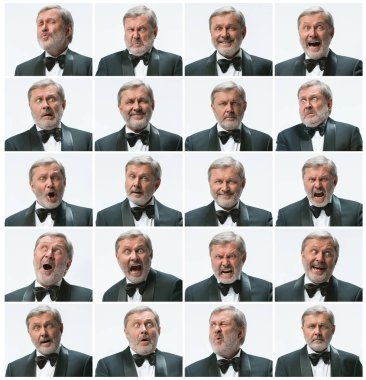İşadamı ifade ve farklı duygular mozaiği. 20 farklı duygular ile takım elbise ile sakallı işadamı.