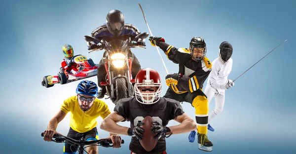 Konceptuální multi sportovní koláž s amerického fotbalu, hokeji, cykloturistiku, oplocení, motoristický sport — Stock fotografie