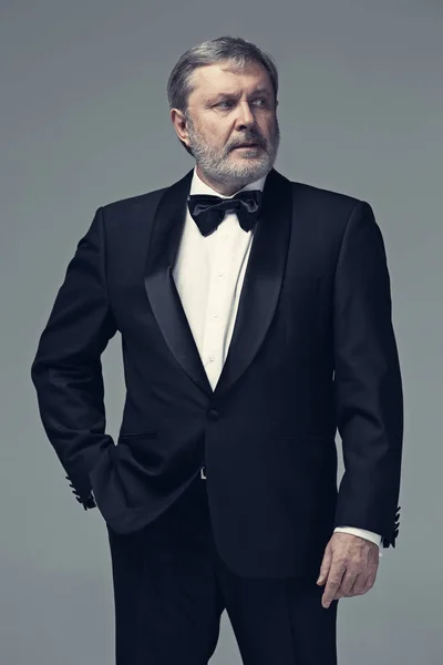 Männlicher Erwachsener mittleren Alters trägt einen Anzug isoliert auf grau — Stockfoto