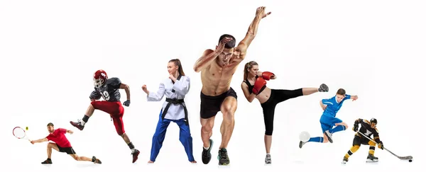 Collage deportivo sobre boxeo, fútbol, fútbol americano, hockey sobre hielo, jogging, taekwondo, tenis —  Fotos de Stock