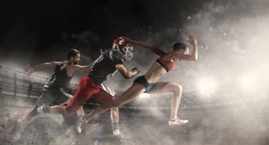 Multi sports collage about basketball, American football players and fit running woman clipart
