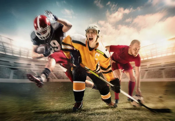 Мультиспортивный коллаж о хоккее, футболе и американских футболистах на стадионе — стоковое фото