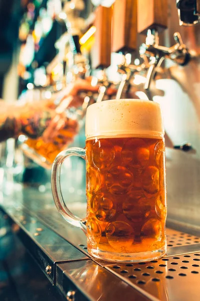 Vaso de cerveza con barril, botella y bodegón de lúpulo fresco — Foto de Stock