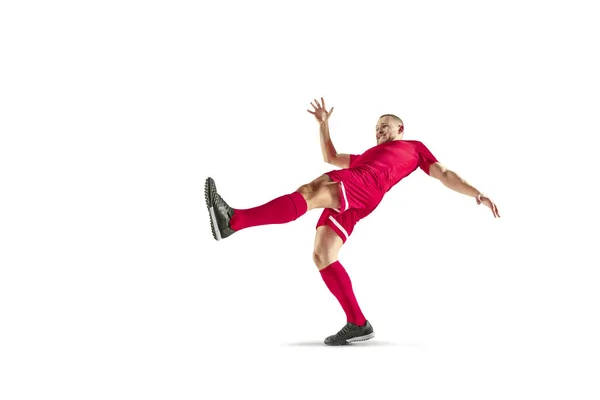 Soccer voetballer geïsoleerd op witte achtergrond — Stockfoto