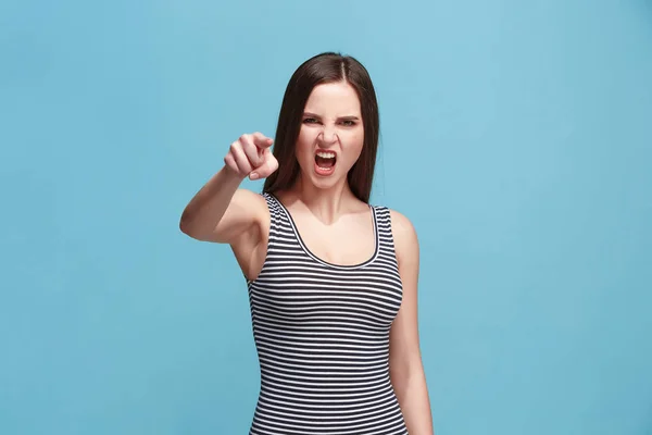 The overbearing woman point you and want you, half length closeup portrait on blue background. — Stock Photo, Image