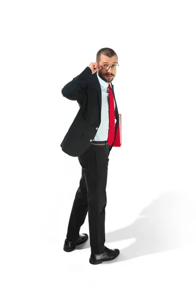 Full body portrait of businessman with folder on white — Stock Photo, Image