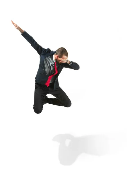 Roliga glada affärsman hoppa i luften över vit bakgrund — Stockfoto