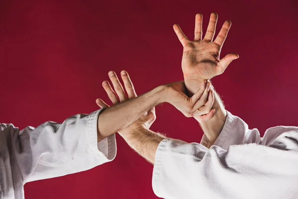 Dos hombres luchando en el entrenamiento de Aikido en la escuela de artes marciales — Foto de Stock