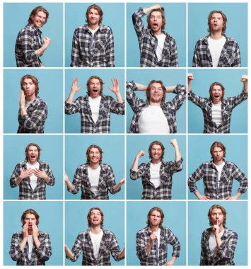 Farklı insan yüz ifadeleri, duygu ve duygu kolaj.