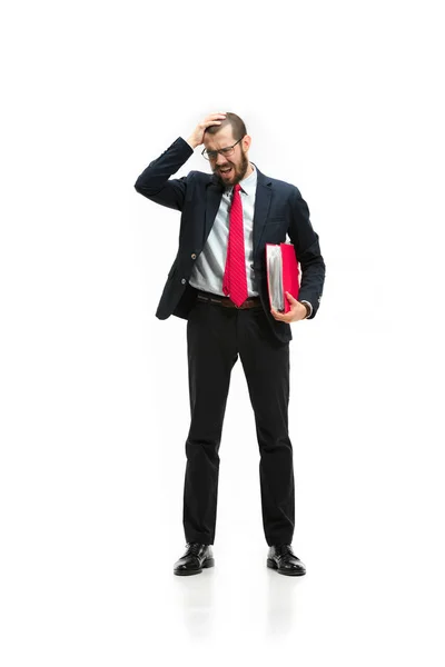 Full body portrait of businessman with folder on white