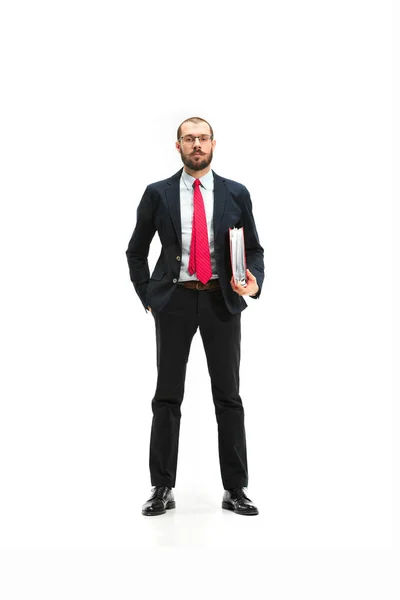 Retrato de corpo inteiro de homem de negócios com pasta em branco — Fotografia de Stock