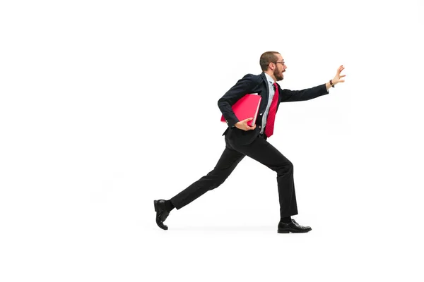 Businessman running with a folder on white background — Stock Photo, Image