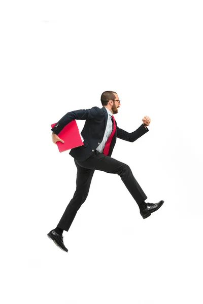 Businessman running with a folder on white background — Stock Photo, Image