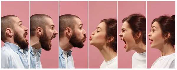 Collage av olika mänskliga ansiktsuttryck, känslor och känslor. — Stockfoto