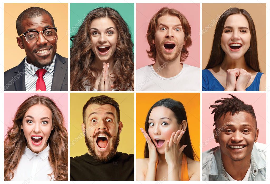 The collage of surprised people