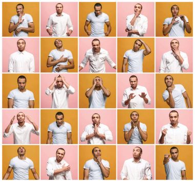 Farklı insan yüz ifadeleri, duygu ve duygu kolaj.