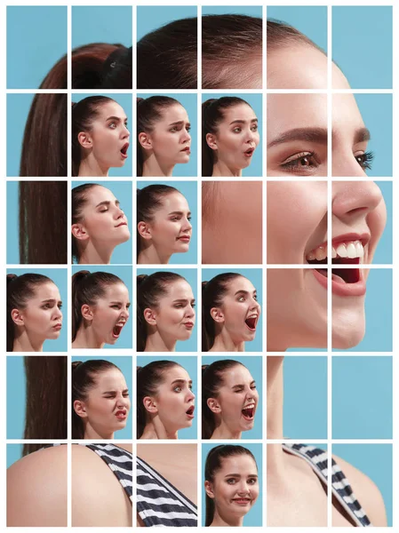 De collage van de verschillende menselijke gezichtsuitdrukkingen, emoties en gevoelens. — Stockfoto