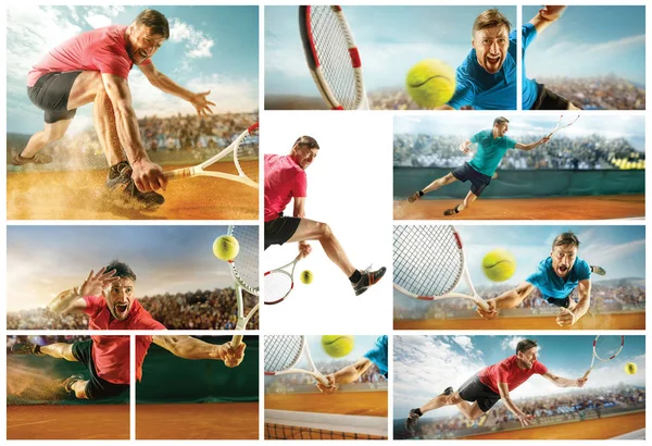 El jugador de salto, caucásico, jugando al tenis en la cancha de tierra con los espectadores —  Fotos de Stock
