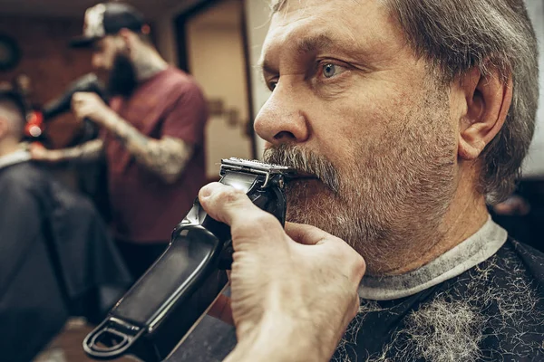 Närbild sida Visa porträtt av stilig senior skäggiga kaukasiska man få skägg grooming i modern barbershop. — Stockfoto