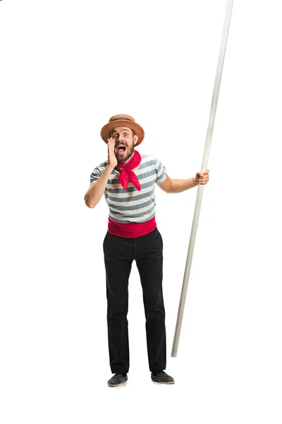 Homme caucasien en costume de gondolier traditionnel et chapeau — Photo