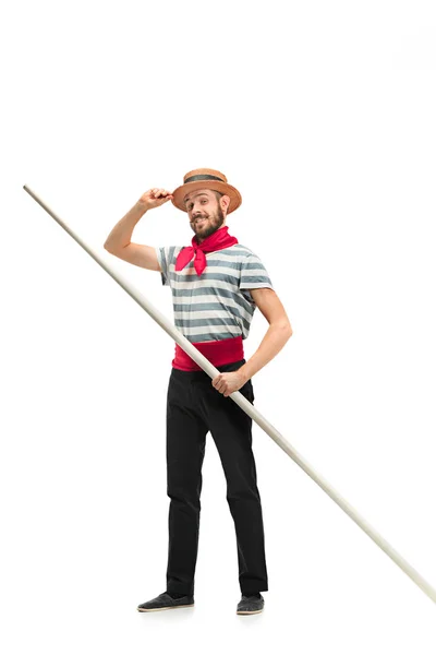 伝統的なゴンドラにのりながら衣装と帽子で白人男 — ストック写真