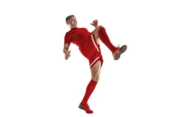 Soccer voetballer geïsoleerd op witte achtergrond — Stockfoto
