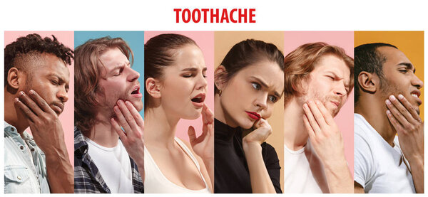Collage about group of people with toothache. Men, women with tooth pain illness