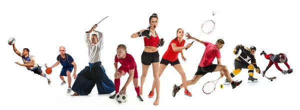 Collage deportivo sobre kickboxing, fútbol, fútbol americano, baloncesto, hockey sobre hielo, bádminton, aikido, tenis, rugby — Foto de Stock