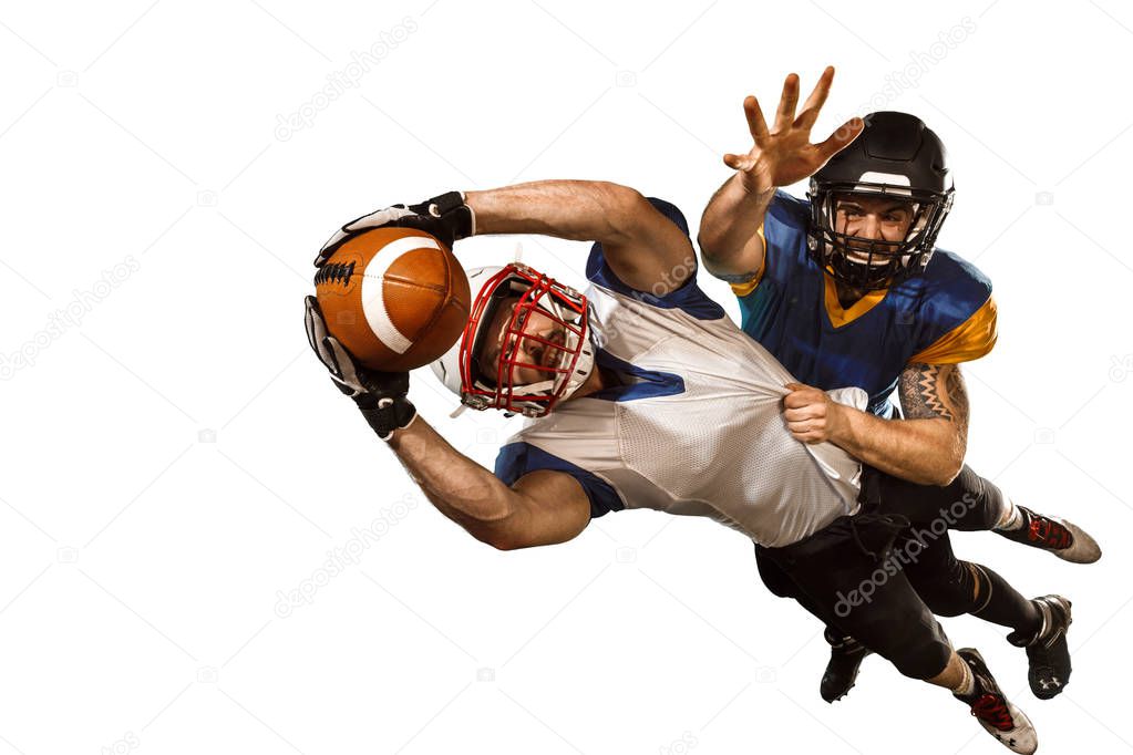 The two american football players studio isolated on white background