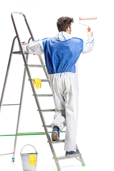 Jovem decorador masculino pintura com um rolo de pintura subiu uma escada isolada no fundo branco . — Fotografia de Stock